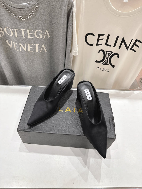 Alaia 25 Cube Wedge Mules Black Silk Sheepskin 300084