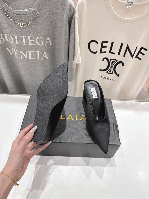 Alaia 25 Cube Wedge Mules Black Silk Sheepskin 300084