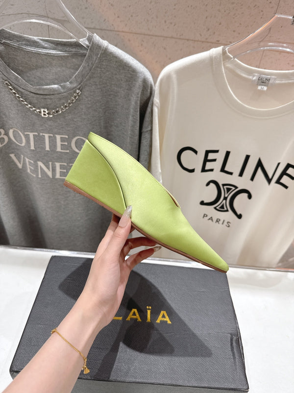 Alaia 25 Cube Wedge Mules Avocado Green Silk Sheepskin 300085