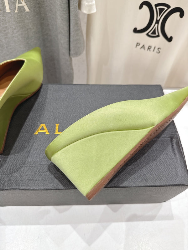 Alaia 25 Cube Wedge Mules Avocado Green Silk Sheepskin 300085