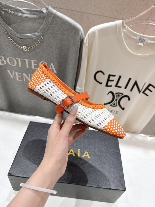 ALAIA MARY JANE FLATS WHITE MIX ORANGE WOVEN CALFSKIN PATTERN