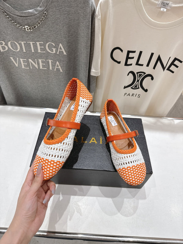 ALAIA MARY JANE FLATS WHITE MIX ORANGE WOVEN CALFSKIN PATTERN
