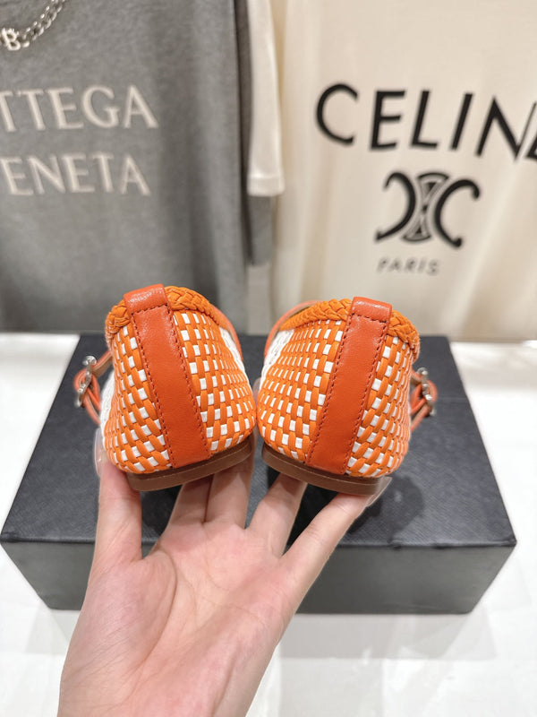 ALAIA MARY JANE FLATS WHITE MIX ORANGE WOVEN CALFSKIN PATTERN