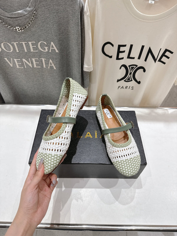 ALAIA MARY JANE FLATS soft green and white woven calfskin pattent