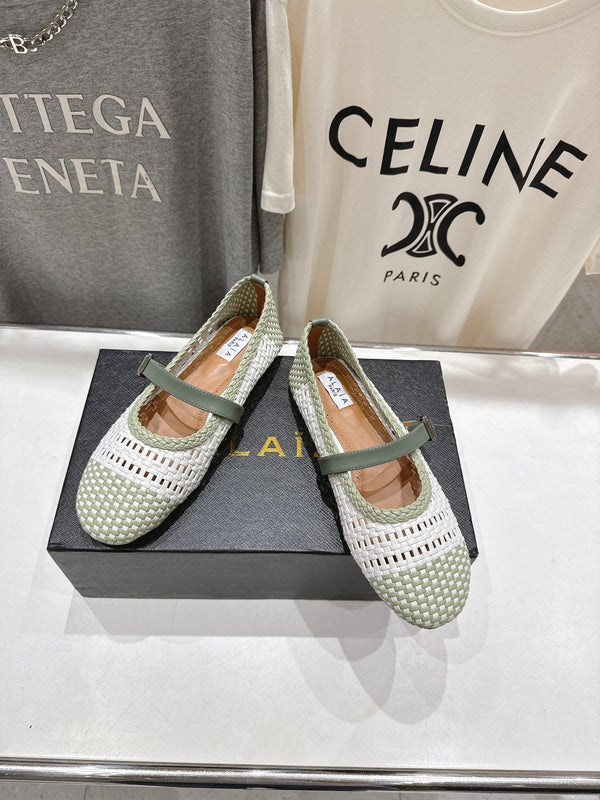ALAIA MARY JANE FLATS soft green and white woven calfskin pattent
