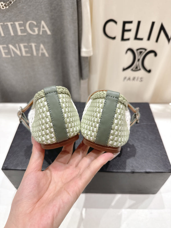 ALAIA MARY JANE FLATS soft green and white woven calfskin pattent