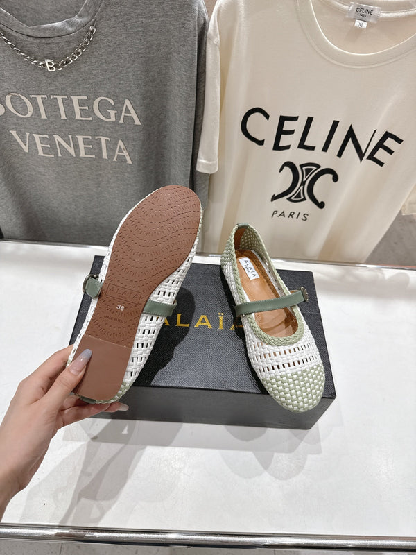 ALAIA MARY JANE FLATS soft green and white woven calfskin pattent