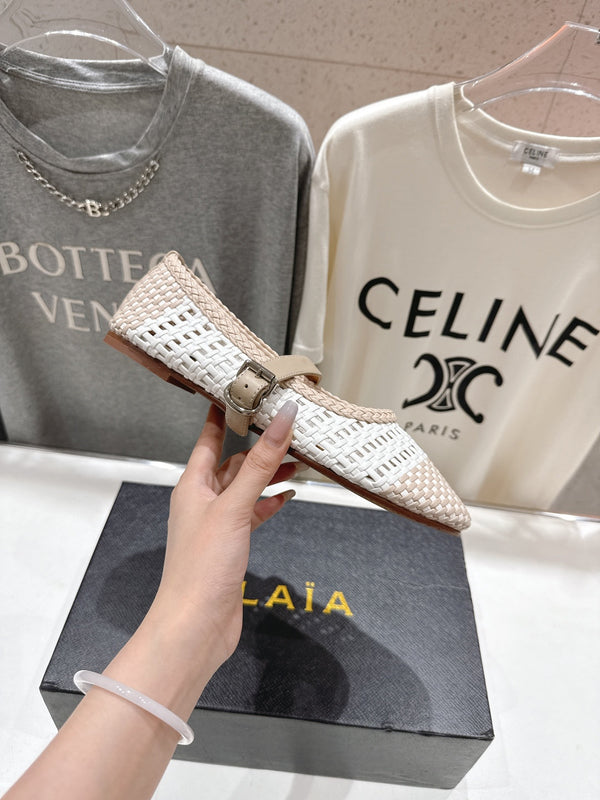 ALAIA MARY JANE FLATS white mix beige woven calfskin pattent