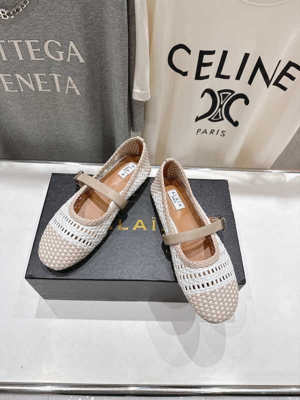 ALAIA MARY JANE FLATS white mix beige woven calfskin pattent