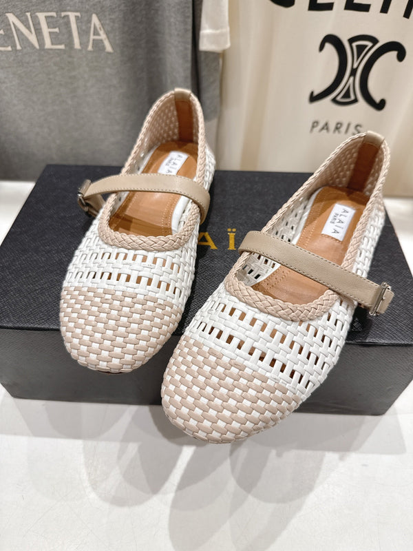 ALAIA MARY JANE FLATS white mix beige woven calfskin pattent