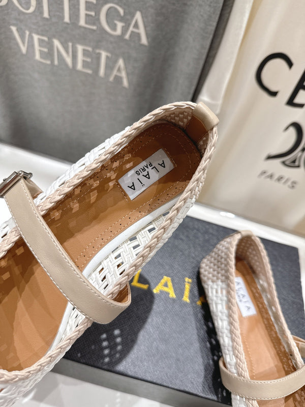 ALAIA MARY JANE FLATS white mix beige woven calfskin pattent