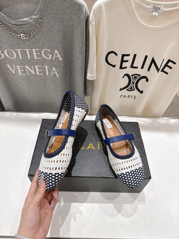 ALAIA MARY JANE FLATS white mix navy blue woven calfskin pattent