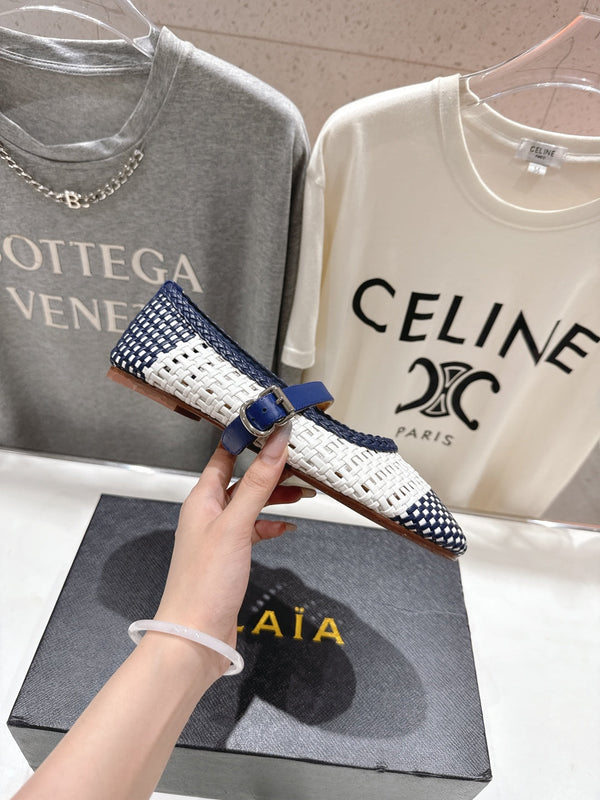 ALAIA MARY JANE FLATS white mix navy blue woven calfskin pattent