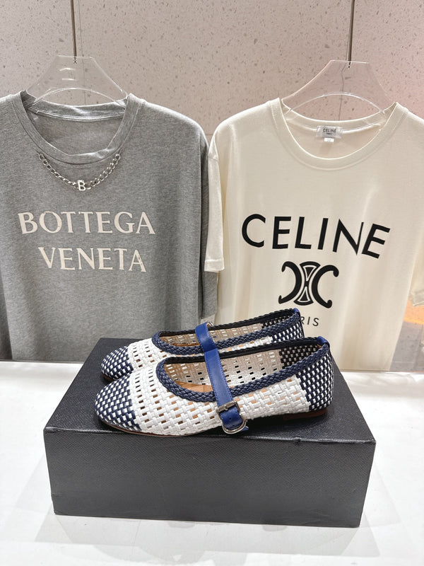 ALAIA MARY JANE FLATS white mix navy blue woven calfskin pattent