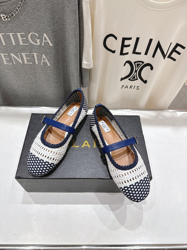 ALAIA MARY JANE FLATS white mix navy blue woven calfskin pattent