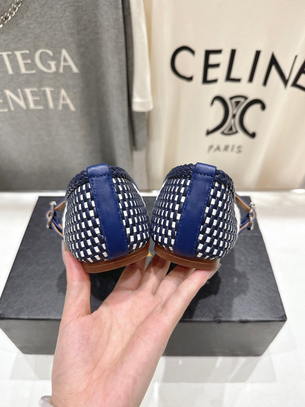 ALAIA MARY JANE FLATS white mix navy blue woven calfskin pattent