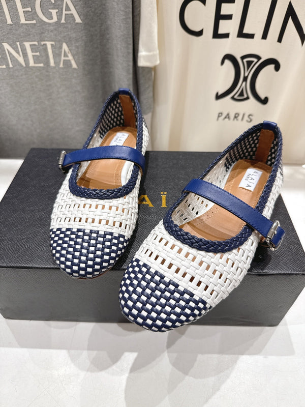 ALAIA MARY JANE FLATS white mix navy blue woven calfskin pattent