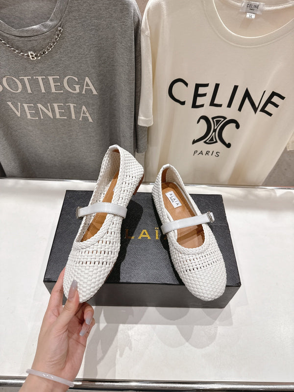 ALAIA MARY JANE FLATS white woven calfskin pattent
