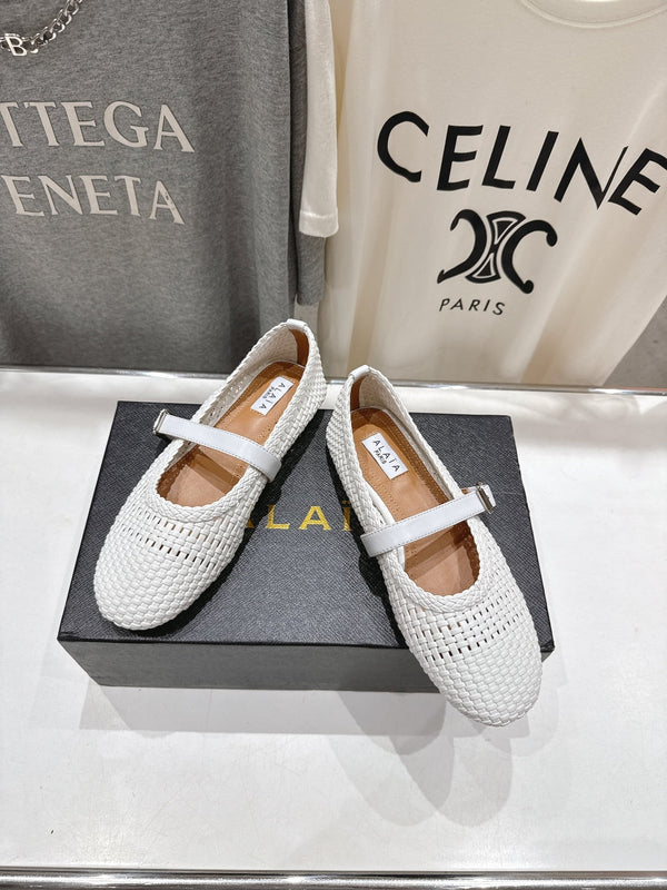 ALAIA MARY JANE FLATS white woven calfskin pattent
