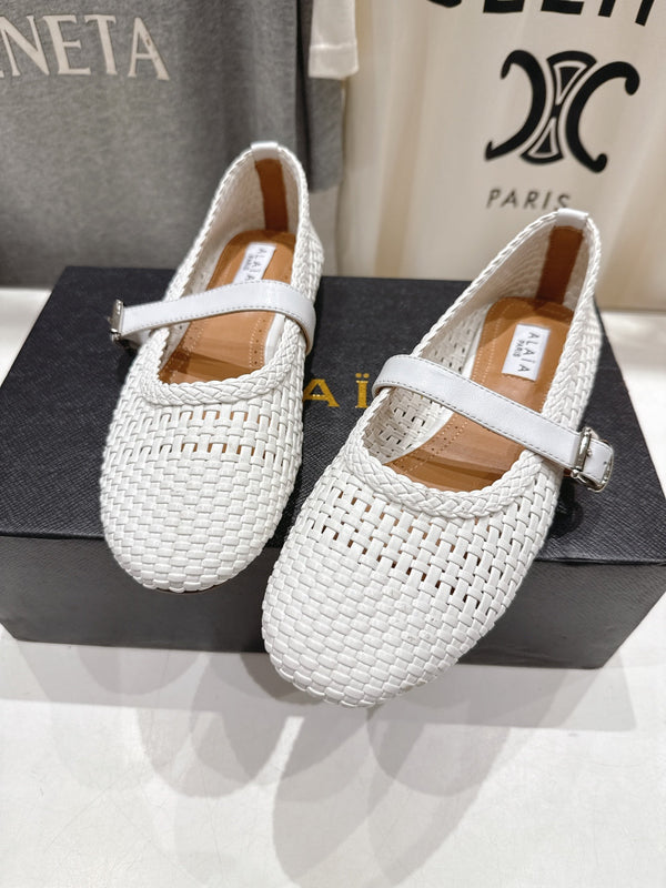 ALAIA MARY JANE FLATS white woven calfskin pattent