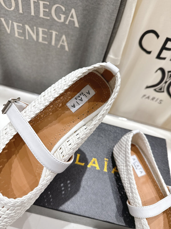 ALAIA MARY JANE FLATS white woven calfskin pattent