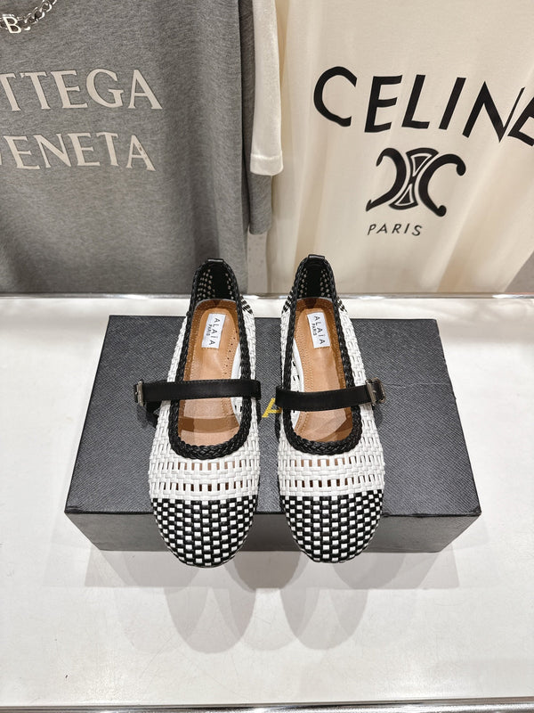 ALAIA MARY JANE FLATS white mix black woven calfskin pattent
