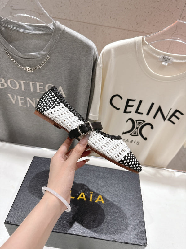 ALAIA MARY JANE FLATS white mix black woven calfskin pattent