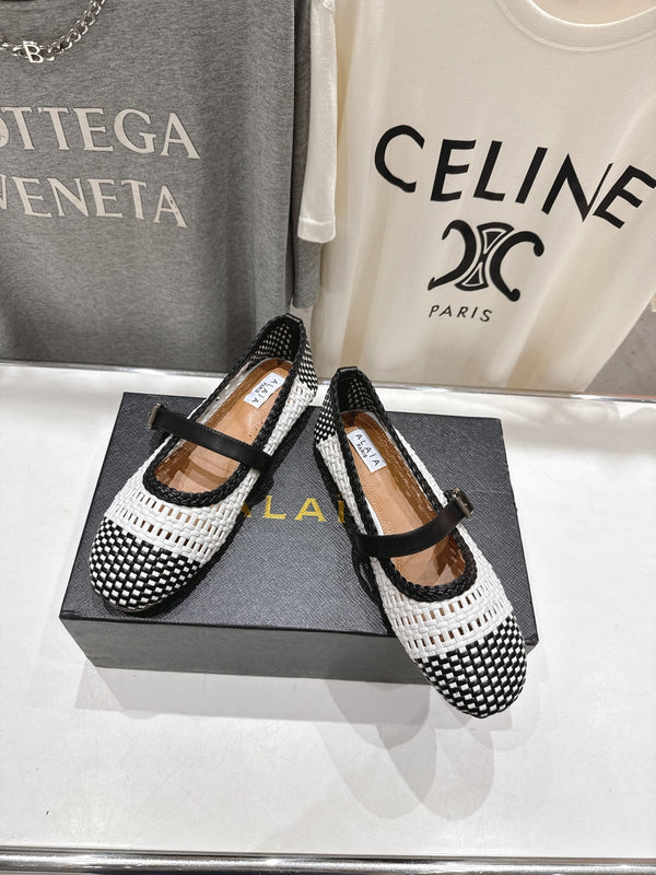 ALAIA MARY JANE FLATS white mix black woven calfskin pattent