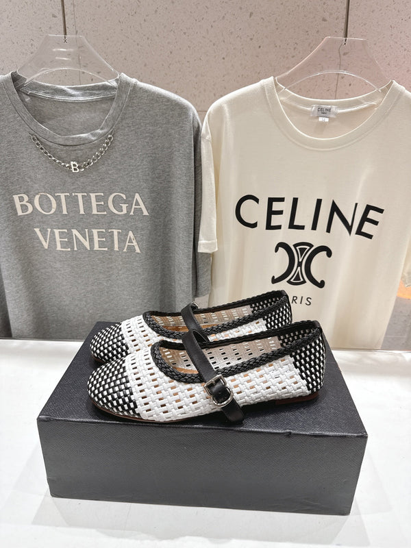 ALAIA MARY JANE FLATS white mix black woven calfskin pattent