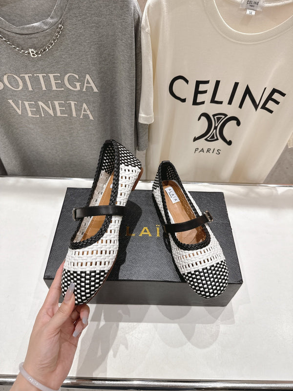 ALAIA MARY JANE FLATS white mix black woven calfskin pattent