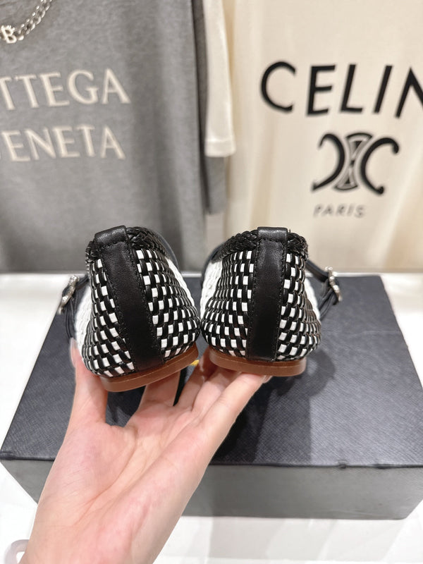 ALAIA MARY JANE FLATS white mix black woven calfskin pattent