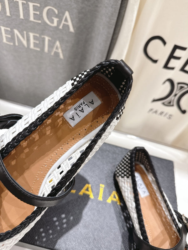 ALAIA MARY JANE FLATS white mix black woven calfskin pattent