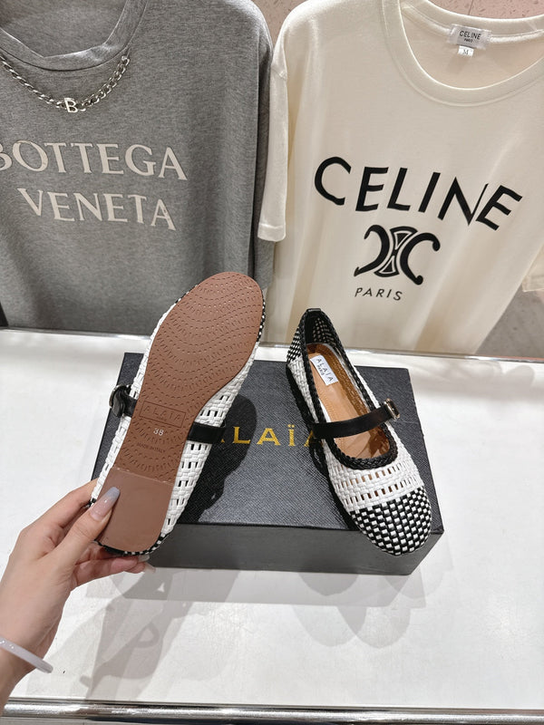 ALAIA MARY JANE FLATS white mix black woven calfskin pattent