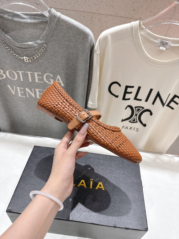 ALAIA MARY JANE FLATS brown woven calfskin pattent