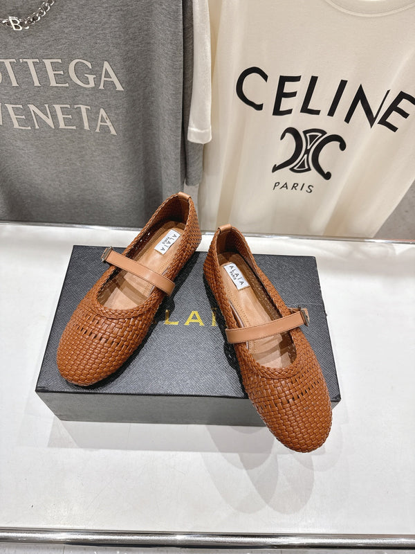 ALAIA MARY JANE FLATS brown woven calfskin pattent