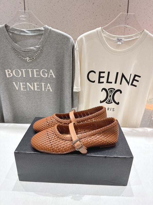 ALAIA MARY JANE FLATS brown woven calfskin pattent