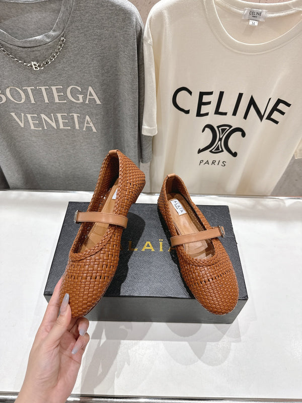 ALAIA MARY JANE FLATS brown woven calfskin pattent