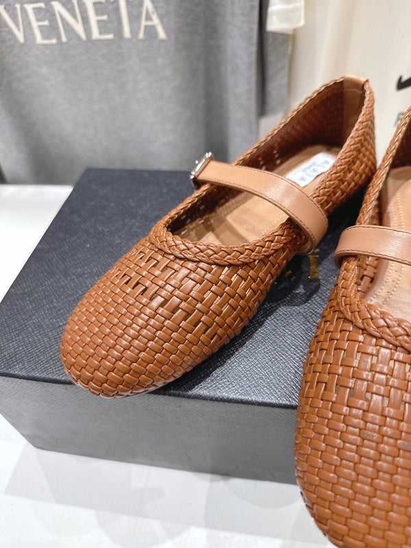 ALAIA MARY JANE FLATS brown woven calfskin pattent