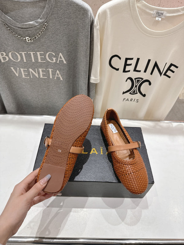 ALAIA MARY JANE FLATS brown woven calfskin pattent