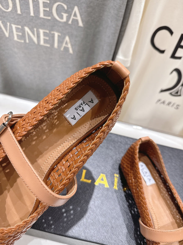 ALAIA MARY JANE FLATS brown woven calfskin pattent