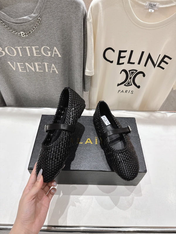 ALAIA MARY JANE FLATS black woven calfskin pattent