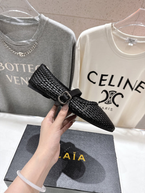 ALAIA MARY JANE FLATS black woven calfskin pattent