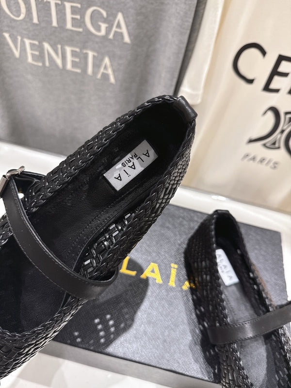 ALAIA MARY JANE FLATS black woven calfskin pattent