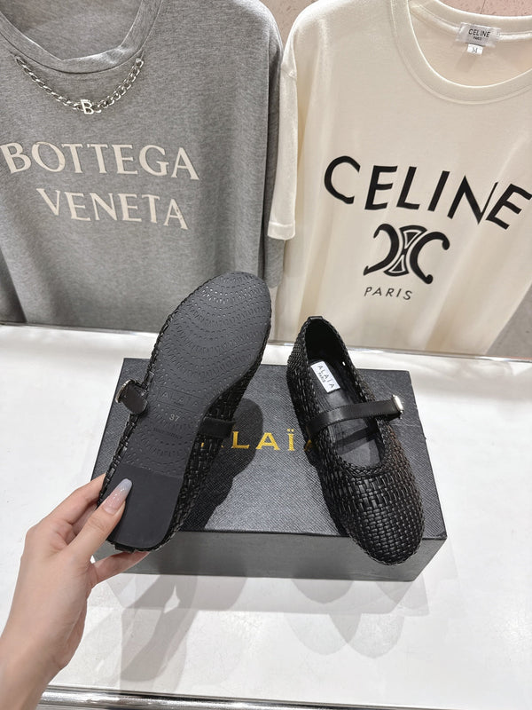 ALAIA MARY JANE FLATS black woven calfskin pattent