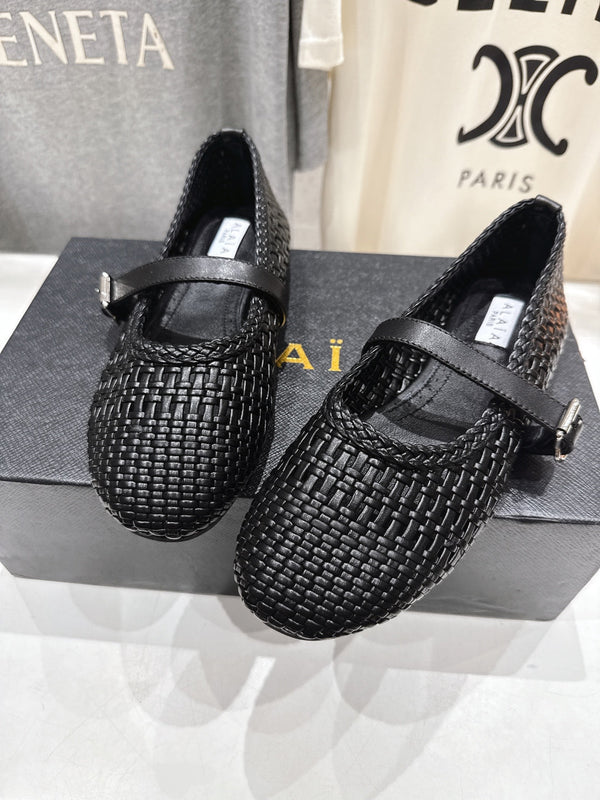 ALAIA MARY JANE FLATS black woven calfskin pattent