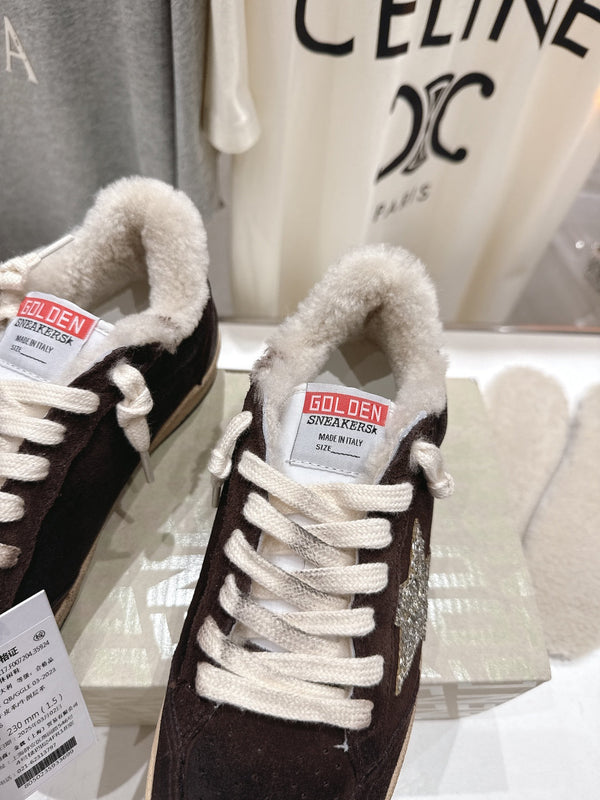 Golden Goose 2025 Shearling Sneaker Brown Silver Suede Wool 491659