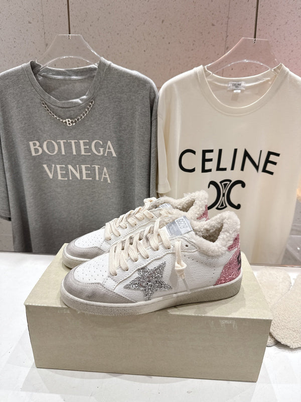 Golden Goose Baskets Star 2025 Ivoire Argent mélangé Laine rose Cuir de vachette 491647