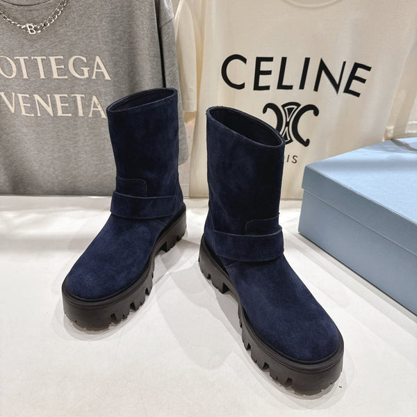 Prada 25 Boot Navy Blue Black Cowhide Suede 491869