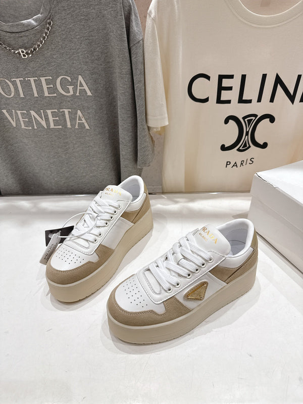 Prada 25s Platform Sneakers White Beige Calfskin And Suede 535494