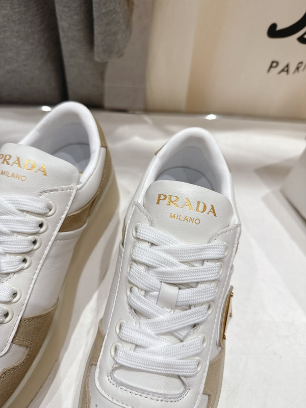 Prada 25s Platform Sneakers White Beige Calfskin And Suede 535494